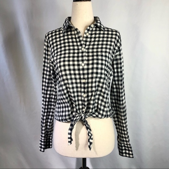J Crew gingham tie-front shirt black white XS - Picture 1 of 9